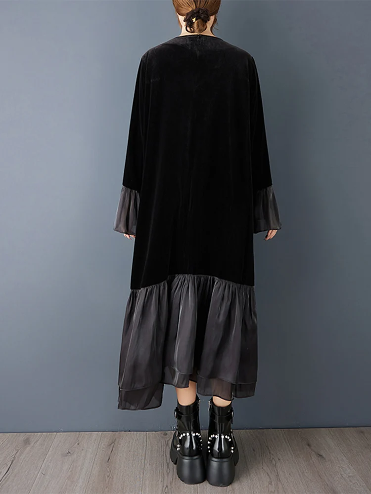 Mesh Patchwork Pleated Dresses For Women New Loose Casual Long Sleeve Vintage Dress Fashion Elegant Clothing Spring Autumn 2025