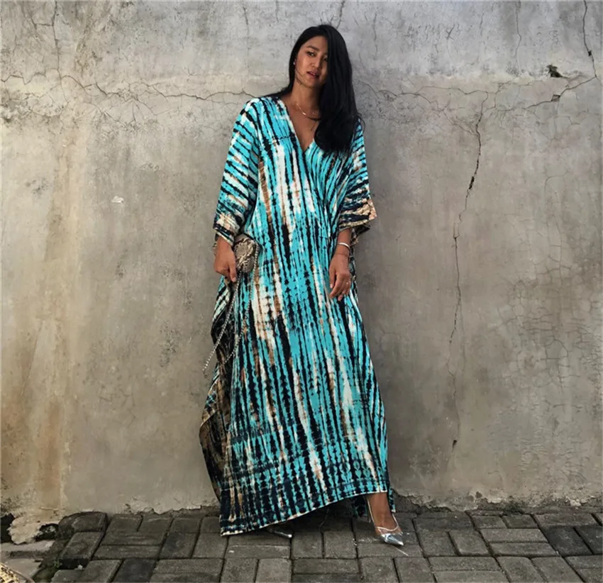 2023Summer Bohemian Striped Print Women Beach Dress Bathing Suit Cover Up Summer Tunic for Woman Beachwear Robe De Plage Kaftan