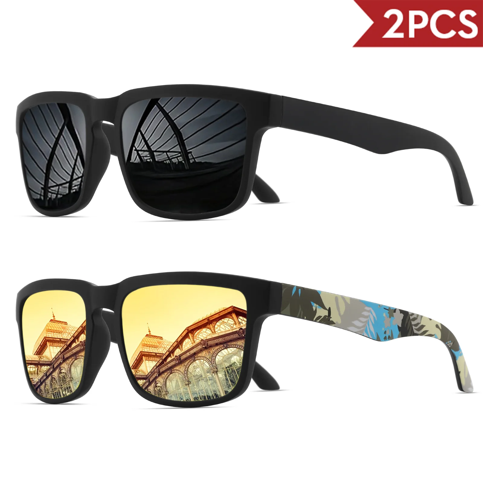 2 quadratische Sport-Sonnenbrille mit Designer-Tempelmuster – UV400 für Männer und Frauen, Strandurlaub – Detail 13