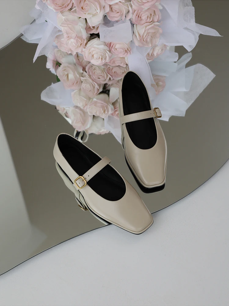 Women Shoes Genuine Leather Mary Jane Square Head Shallow Flats