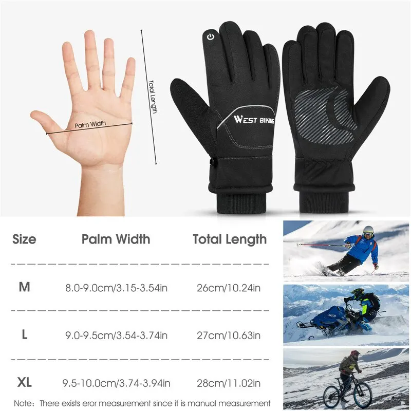 WEST BIKING Winter Waterproof Gloves Touch Screen Cycling Mittens Warm Windproof Skiing Sport 3M Thinsulate Thick Thermal Gloves