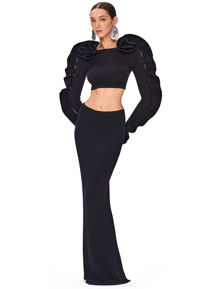 2024 Women Luxury Sexy Long Sleeve O Neck Ruffles T-shirt Black Long Skirts Bandage Set Celebrity Designer Fashion Women's Set