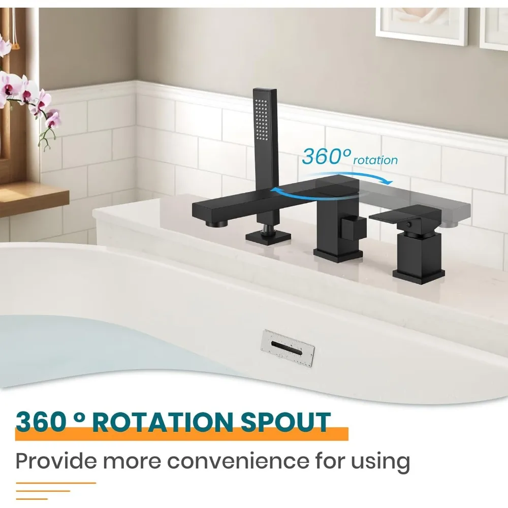 Bath Faucet with Handheld Shower 3 Hole Deck Mounted Bath Faucet Set Extensive Single Handle Bath Filler Honeycomb Stream 2