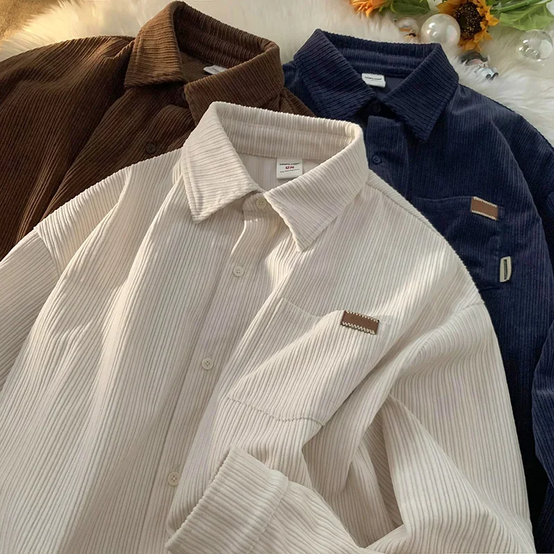 

New Spring Autumn Corduroy Long Sleeve Polo Shirts Men Fashion Vintage Retro Loose Harajuku Casual Shirt Men Khaki Clothing Tops