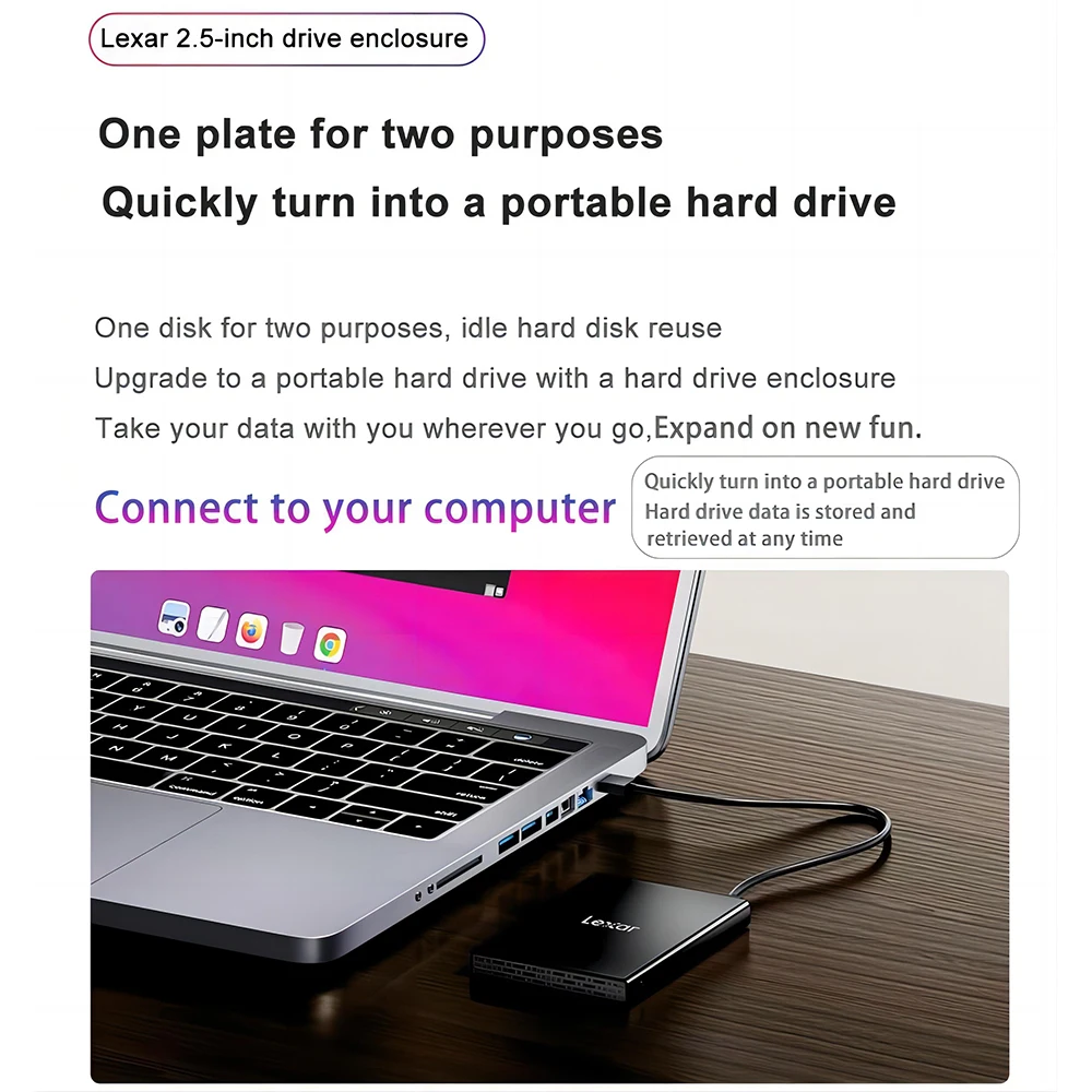 Lexar E100 Portable Hard Drive Box 2.5-inch USB Type A 6Gbps USB3.2 high-speed SATA Solid State HDD USB 3.0 machine universal external hard drive box