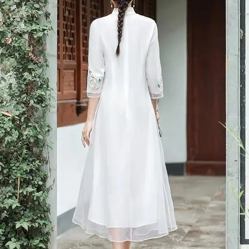 

Ethnic Embroidery Boho Floral Dress Women Lace Half Sleeve Hippie Summer Dresses Ladies Stand Collar Plus Size Clothes Vestidos