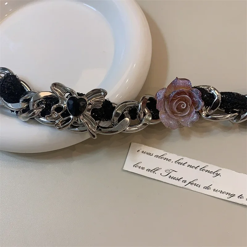 Y2K Purple Crystal Flower Pendant Necklace For Women Stainless Steel Punk Choker Clavicle Chain Aesthetic Necklace Jewelry Gift