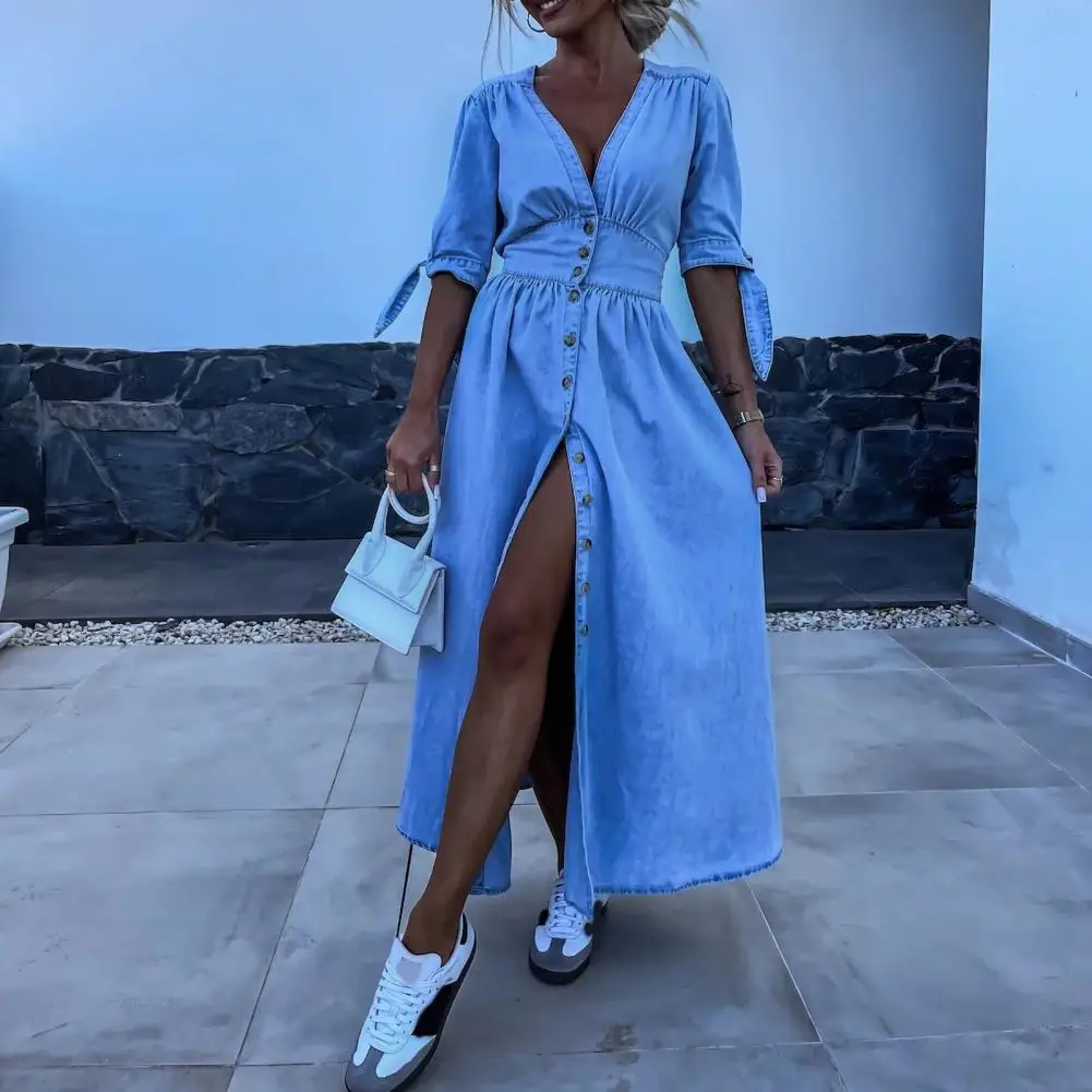 

Lady Summer Dress Deep V Neck Slim Waist Pleated A-line Big Hem High Split Lace-up Knot Cuffs Solid Color Denim Long Dress Commu