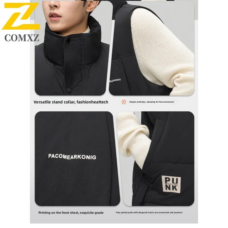 Autumn Winter Men's Down Sports Vest Stand Collar Casual  Loose  Waterproof Windproof Jacket Fit School Camping Hiking Fishing