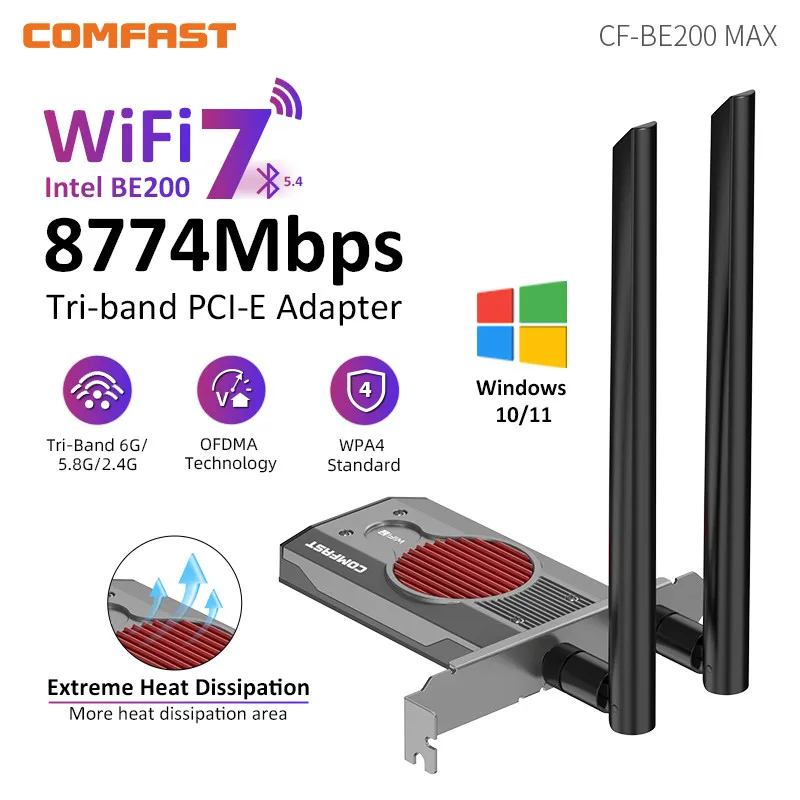 Comfast-placa de Rede sem Fio Adaptador Pcie Intel Be200 Chip Bt5.4 Intel Be200 Wi-fi Pci-e Tri-band 2.4g 5g 6ghz 8774mbps