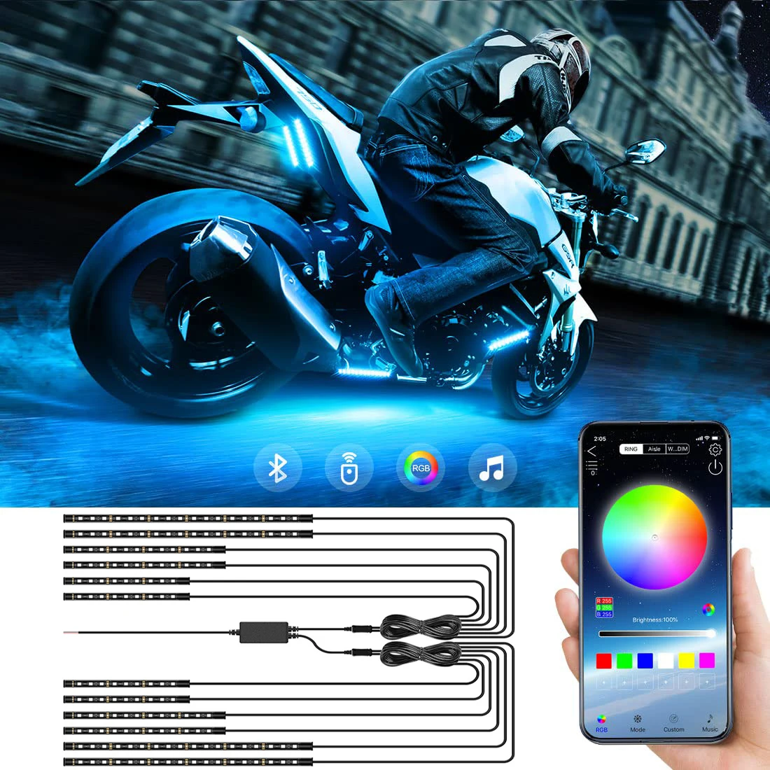 LED Atmosphere Light RGB Kit APP Music Control Flexible Waterproof Neon Strip For Car Motorcycle Decorative Lamp 12V