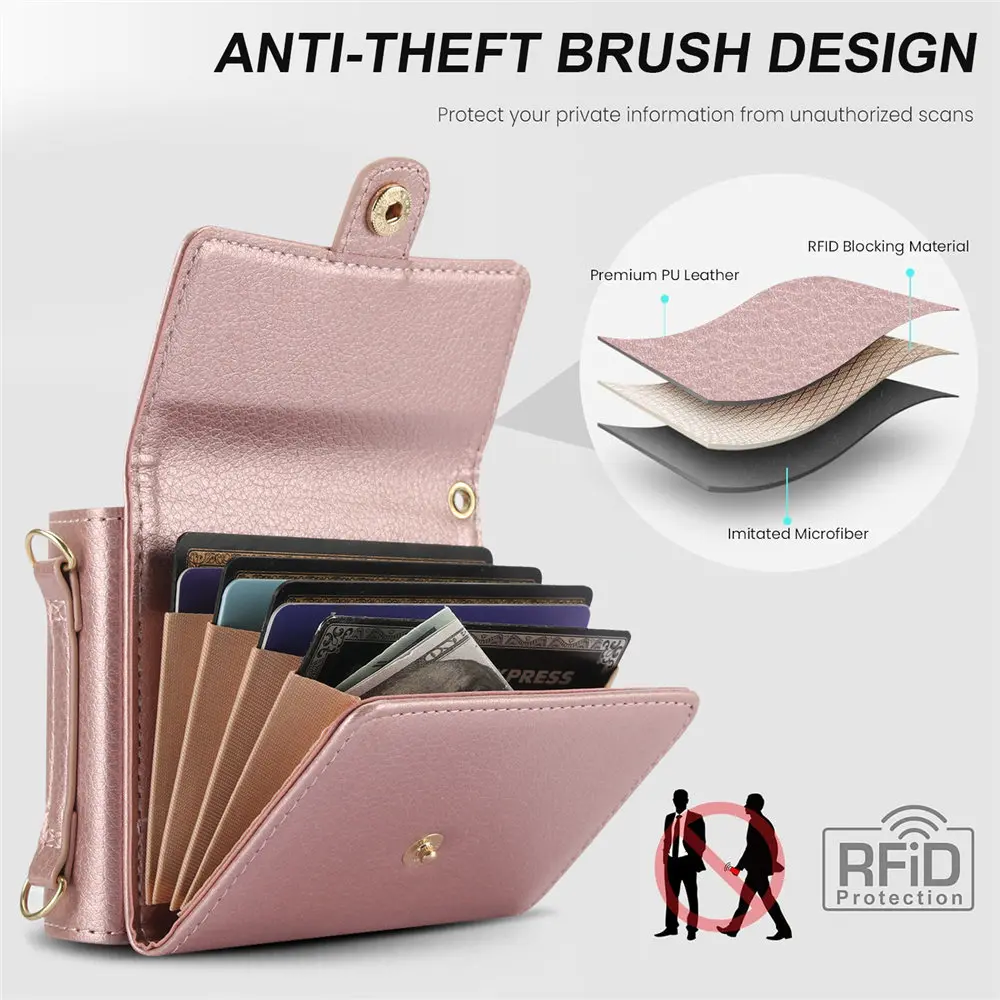 Luxury Leather Crossbody Wallet Case with Card Slots and Lanyard Strap