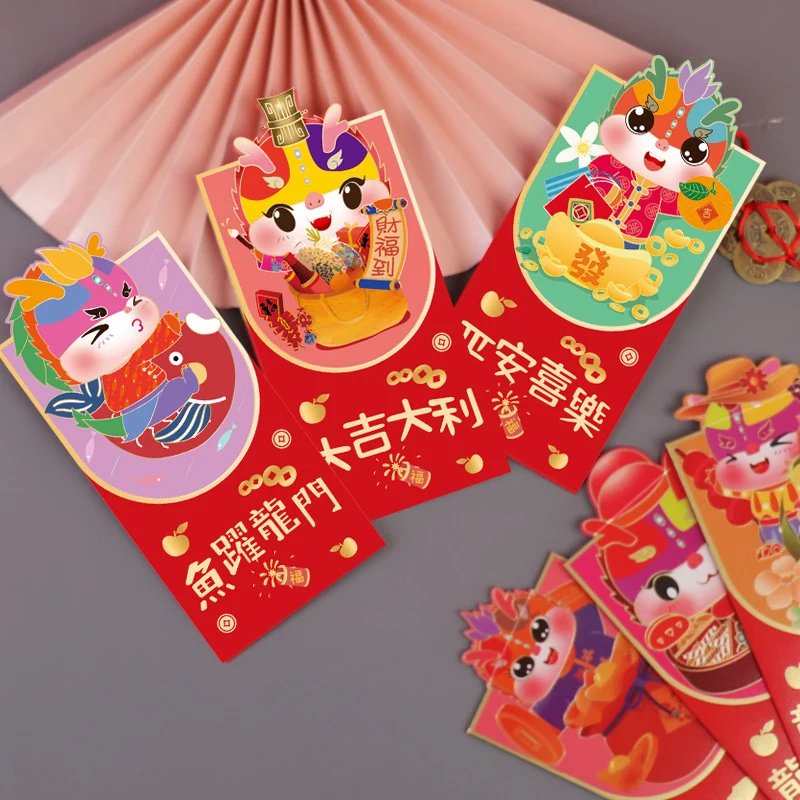 

6Pcs/Set Red Envelopes Cute Dragon Hongbao For 2024 New Year Spring Festival Red Pockets Lucky Money Packets Cartoon Gift Bag