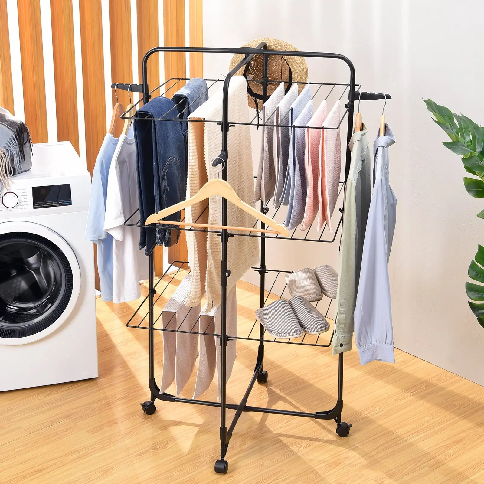 Clothes Drying Rack, 3-Tier Folding Indoor Laundry Drying Rack with Wheels 4 Hooks, Metal 5