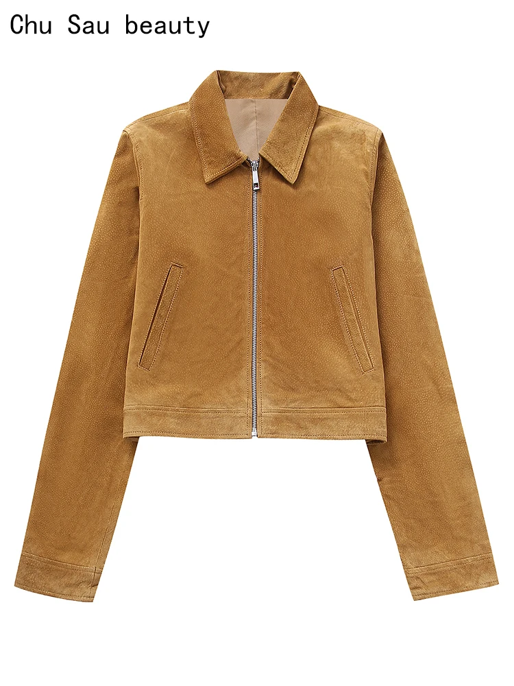 

Chu Sau beauty 2023 Women Autumn Fashion Street Style Pu Long Sleeve Jacket Coat Vintage Lapel Collar Chic Zipper Fly Outcoats