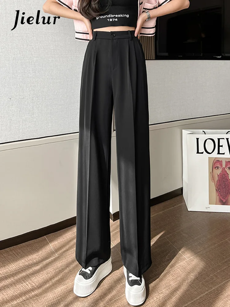 

Jielur Black White Khaki Suit Wide Leg Pants Spring New High-waisted Women's Pants Loose Straight Lady Female Trousers S-XL