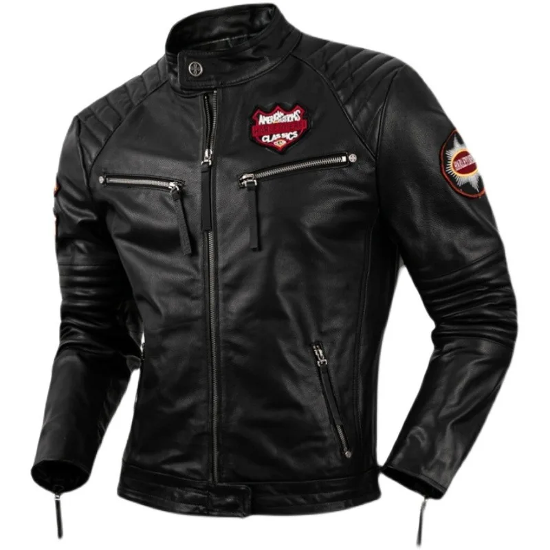 2023 New Autumn Winter Skull Embroidery Motorcycle Jacket Real Cowhide Leather Jacket Mens Motor Riding Coat Bomber Clothes motorcycle mans vest cowhide real leather riding men s waistcoat vest reflection skull pattern sleeveless coat genuine leather