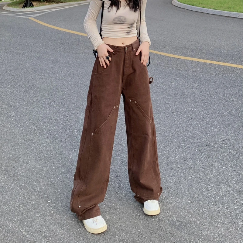 

Retro Brown Denim Jeans Joggers Women Vintage Mid Waist Straight Pants Streetwear Fashion Vintage 90s Trouser Cuteandpsycho Y2K