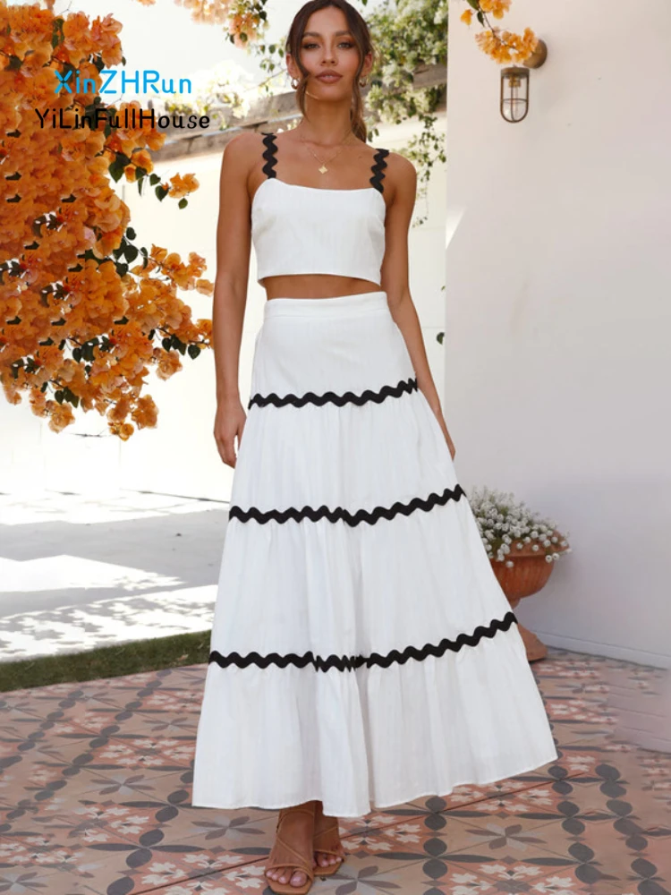 

Summer New Women Fashionable Elegant One Line Neck Lace Strap Top High Waist Lace Spliced Half Skirt Women's Cotton Skirt Set