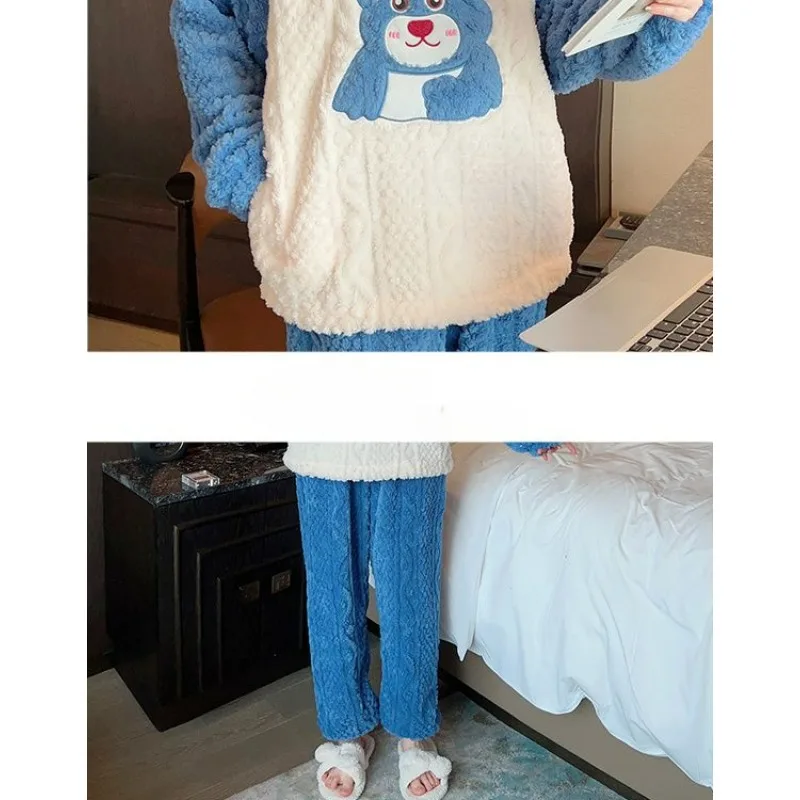 Flannel Pajamas Women Cartoon Coral Fleece Thickened Warm Loose Homewear Suit Female Large Size Round Neck Sleepwear Sets 2024