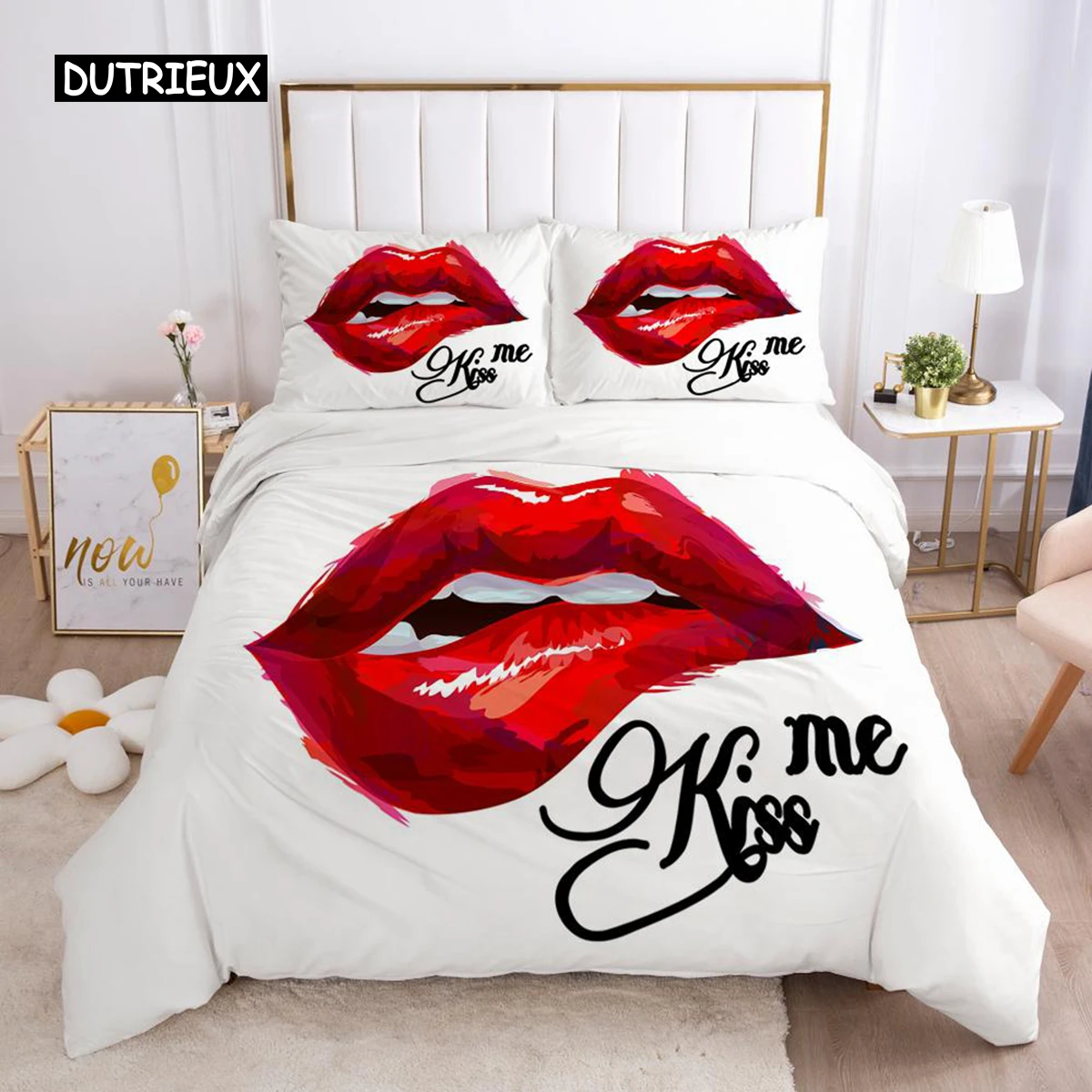 

Red Lips Duvet Cover Set Queen Polyester Love Twin Bedding Set Sexy Theme Adult Couple Comforter Cover 3D Kiss Marks Quilt Cover