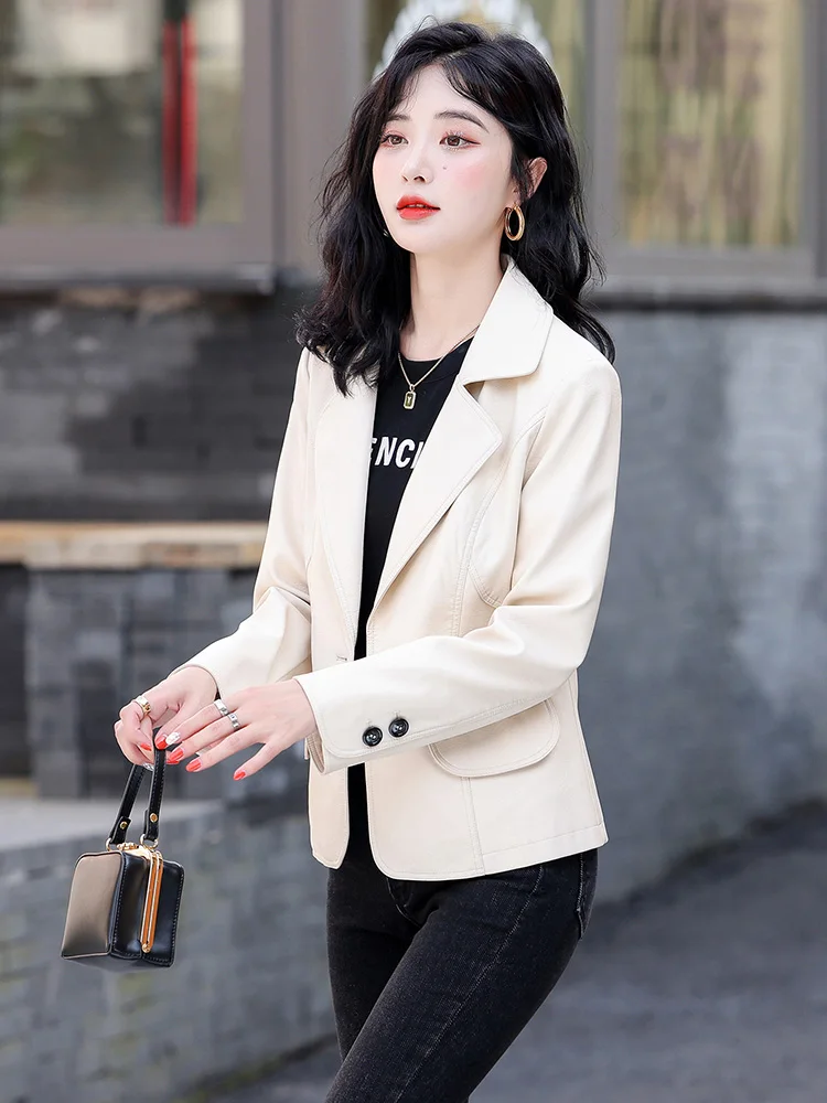 M-4XL New Women Sheepskin Blazer Spring Autumn Fashion Turn-down Collar Slim Split Leather Jacket Classic Single Button Coat