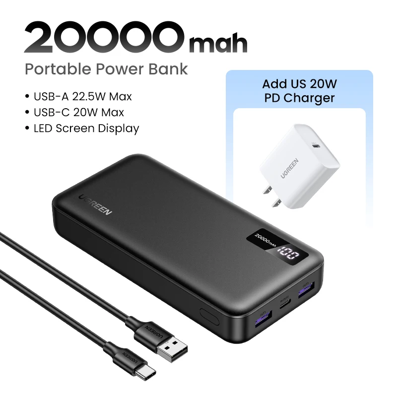thumbnail image 1 of Banco de energía UGREEN 20000/10000mAh PD 20W, carga rápida, portátil, para iPhone 16, 15 Pro Max, batería externa para teléfono Xiaomi, 1 of 5