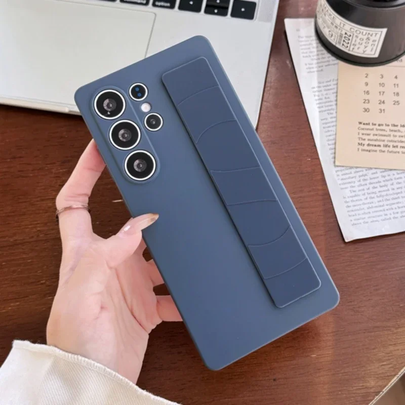 Shockproof Elastic Grip Matte Silicone Case with Wrist Strap and Hard Bumper Back Cover