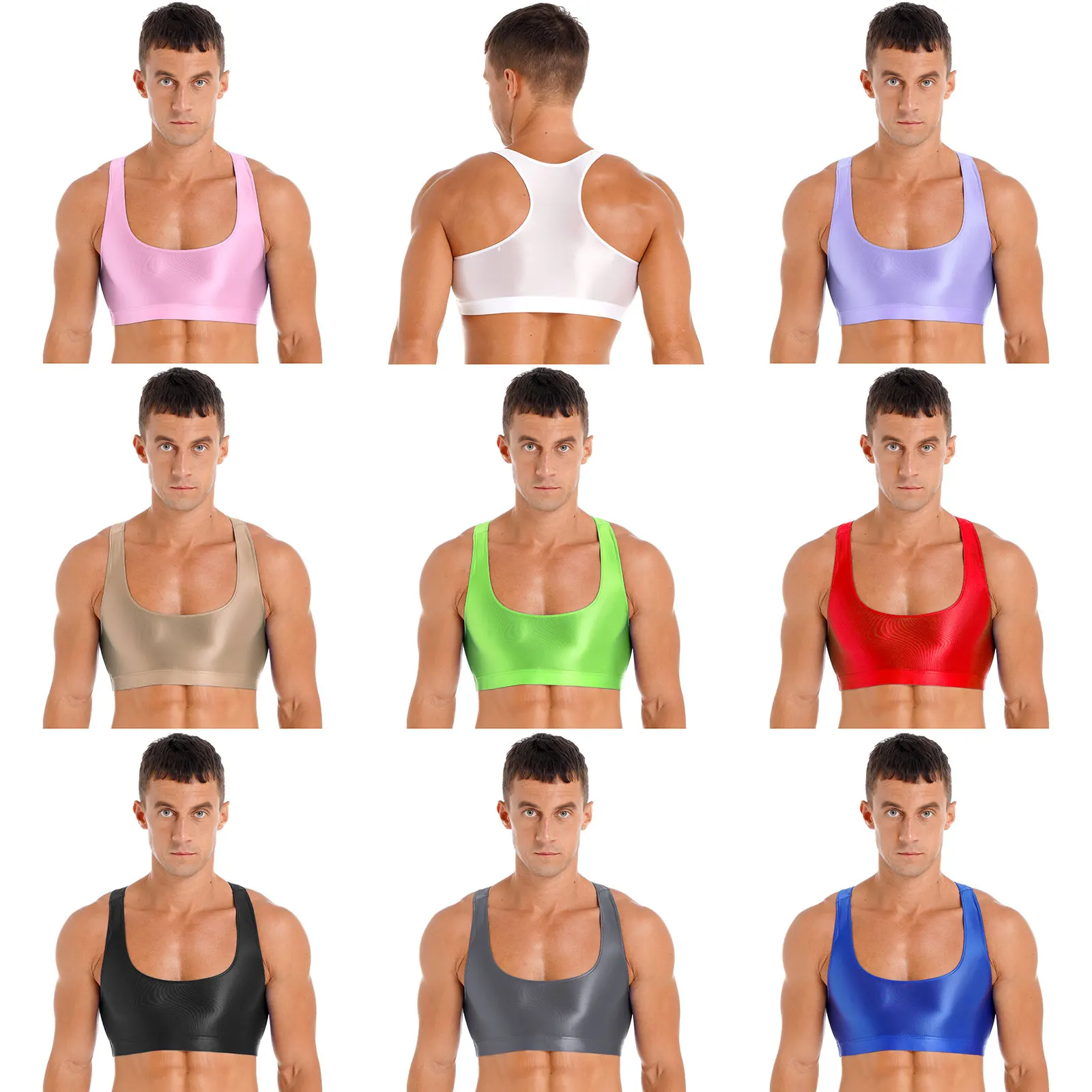 

Mens Shiny Oil Glossy U Neck Tank Tops Sleeveless Pole Dance Crop Top Sport Fitness Yoga Running Vest Clubwear Swimsuit