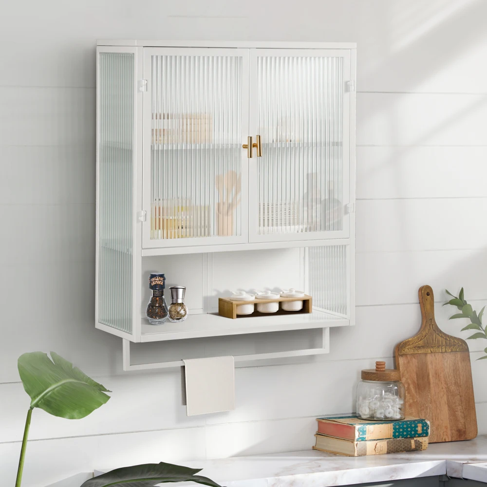 23.62"Glass Doors Modern Two-door Wall Cabinet With Featuring Two-tier Enclosed Storage, An Open Shelf, And Towel Rack, For Entr