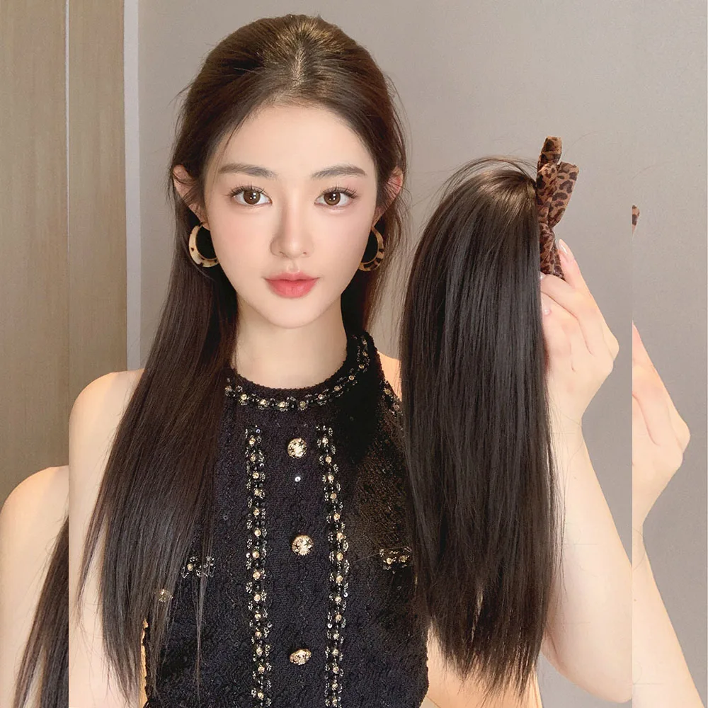 OLACARE 16인치 짧은 직모 합성 헤어, 레오파드 프린트 리본 헤어 클립, 하프업 하이 포니테일 가발, 여성용 데일리 웨어