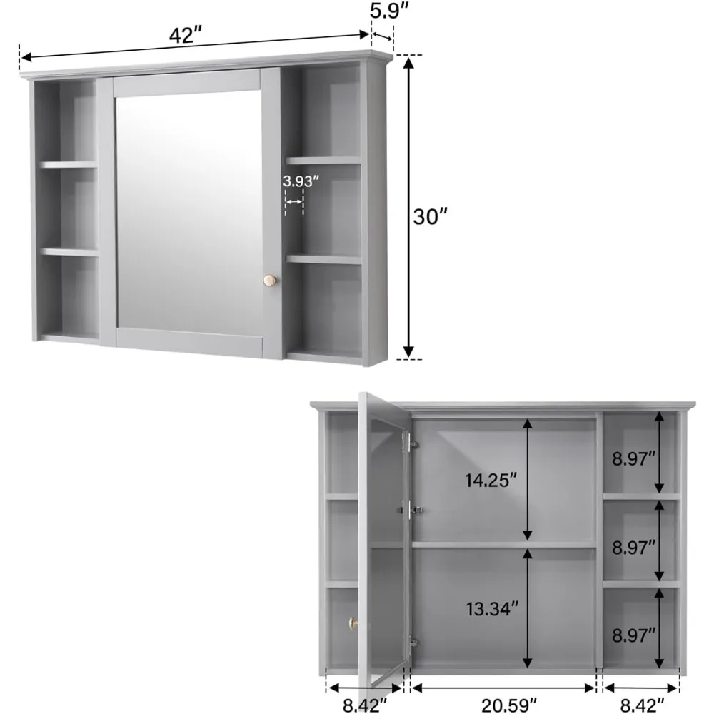 42x30" Wall Mounted Wood Bathroom Medicine Cabinet with Mirror