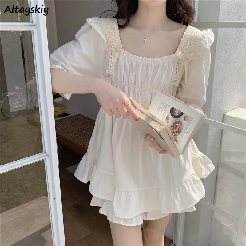 

Пижамный комплект Женский с оборками, милая Свободная рубашка принцессы, Повседневная тонкая простая домашняя пижама с квадратным рукавом, во французском стиле, лето