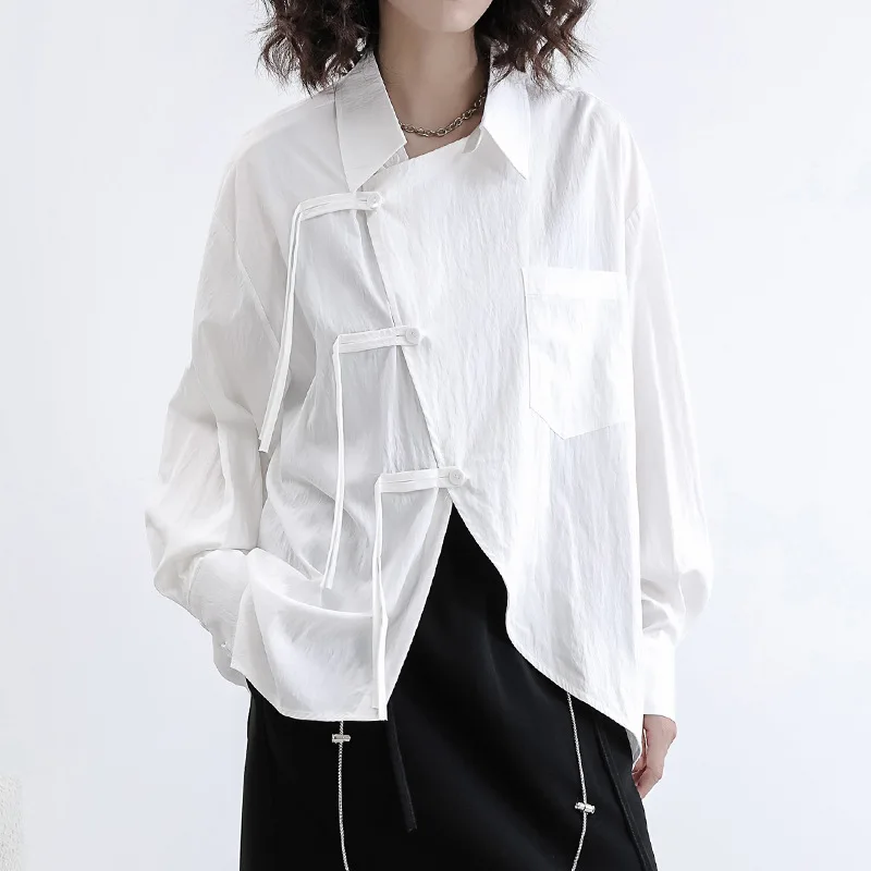 

SuperAen New Chinese Style Diagonal Button Long-sleeved Shirt Women's Autumn 2023 Loose Style Bottom Top Shirts