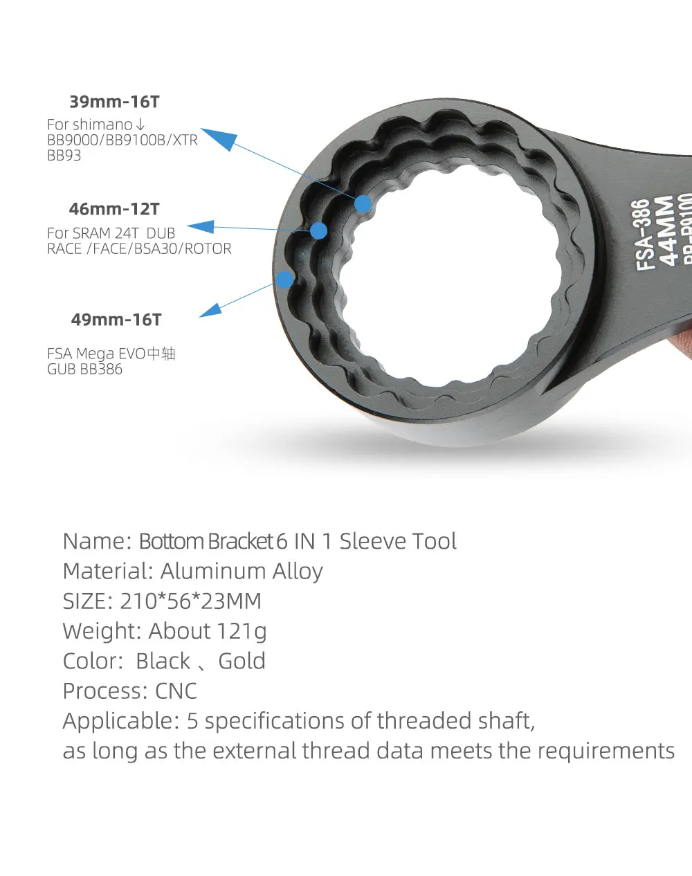 Description Picture 6 of itemAXI 6 in 1 BB Wrench DUB Bike Bottom Bracket Remover Tool for BB51 BB52 BB91 BSA 68 BBR60 MT800 BB386 XTR M9100 Crank Arm Tools
