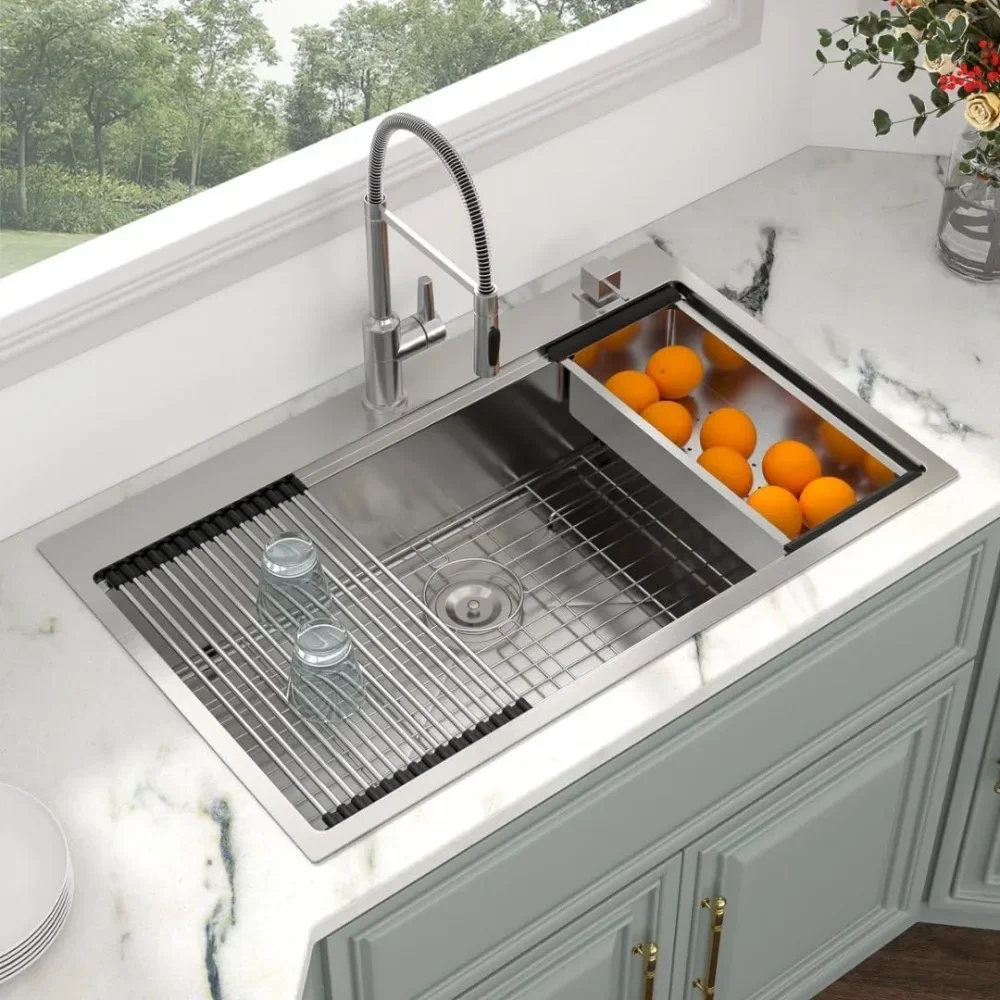 NEW-33 Kitchen Sink Drop In - 33 x 22 Kitchen Sink Ledge Workstation Topmount Drop-In Single Bowl Stainless Steel 16 Gauge Singl