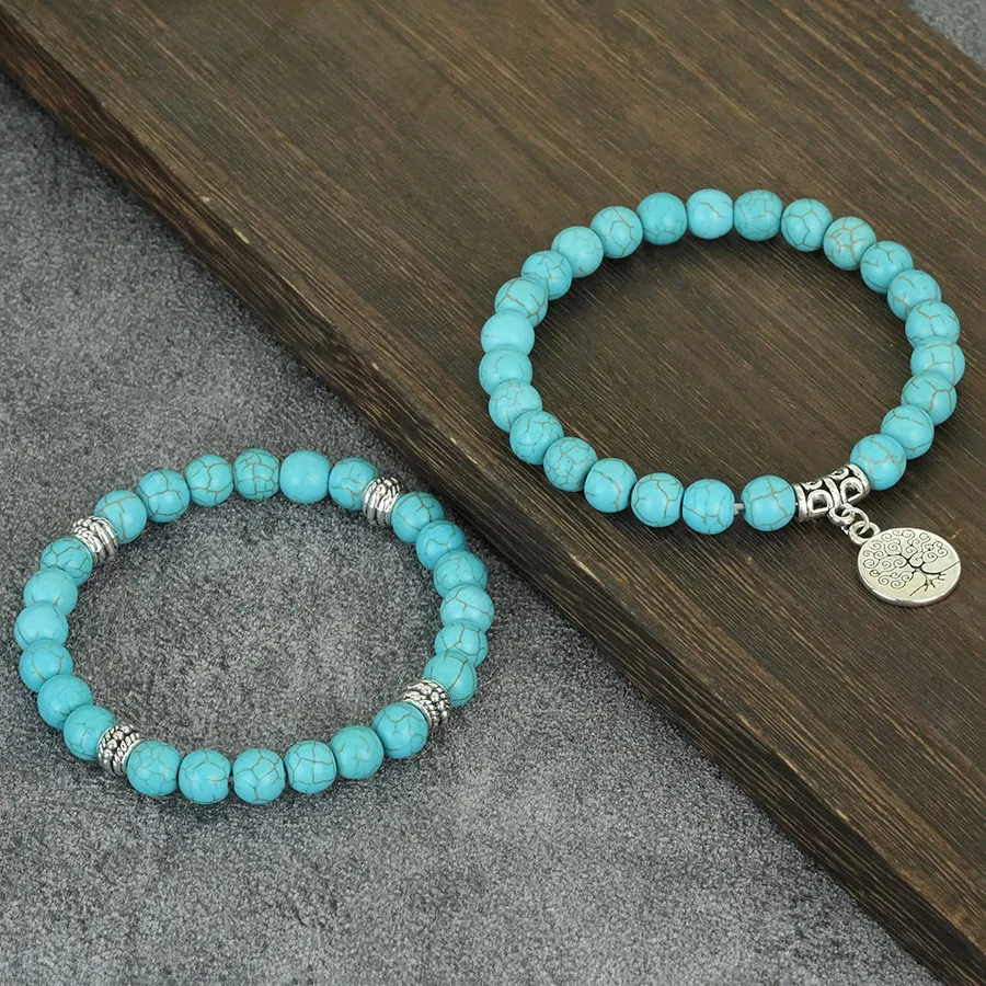 Men Lava Stone Tree Of Life Bracelet Set Yoga Meditation