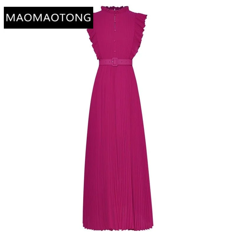 

Summer Tank Dress Women O-Neck Butterfly Sleeve Belt Solid Color Elegant Party Pleated 2023 Runway Luxury Brand High Quality