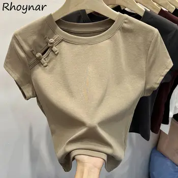 Chinese Style Summer T-shirts Women Crop Tops O-neck Gentle Buttons Soft Irregular Designed Short-sleeve Chic Pure College Retro 1