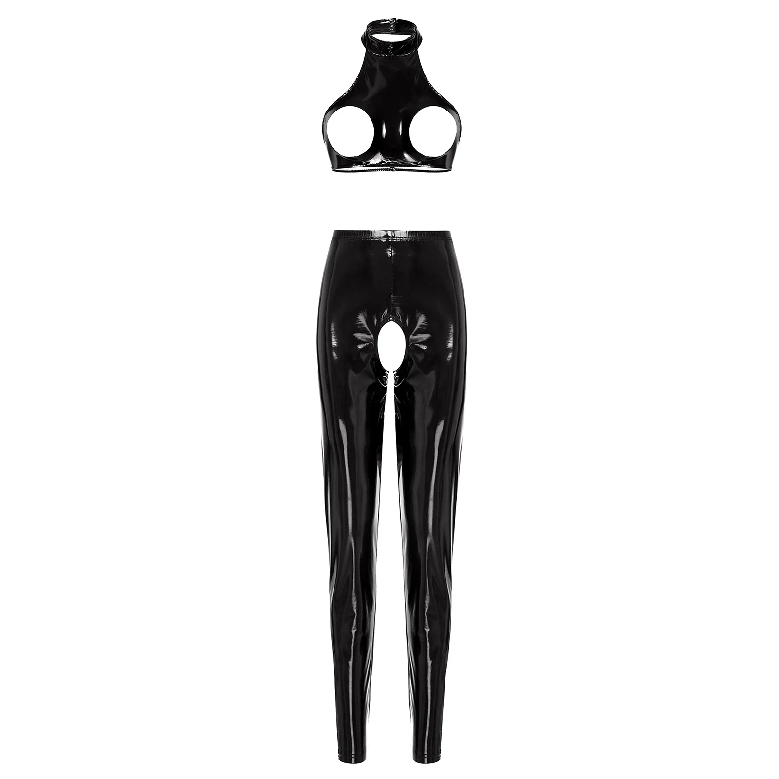 thumbnail image 1 of Conjunto de lencería Sexy de charol con aspecto mojado para mujer, sujetador con copa abierta recortada, Top corto con mallas de cintura alta sin entrepierna, pantalones ajustados, 1 of 5