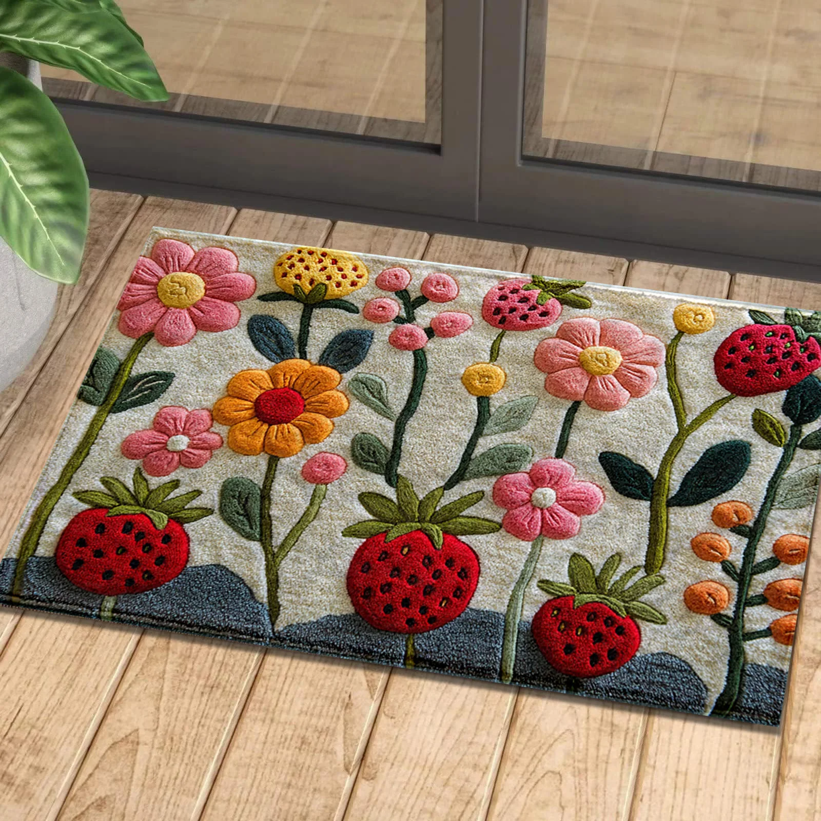 Alpaca Floral Pattern Print Floor Mat main image 1