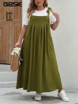 GIBSIE Plus Size Solid Tie Shoulder Overalls Dress For Women 2026 Summer Casual Loose Sleeveless Maxi Long Dresses with Pockets