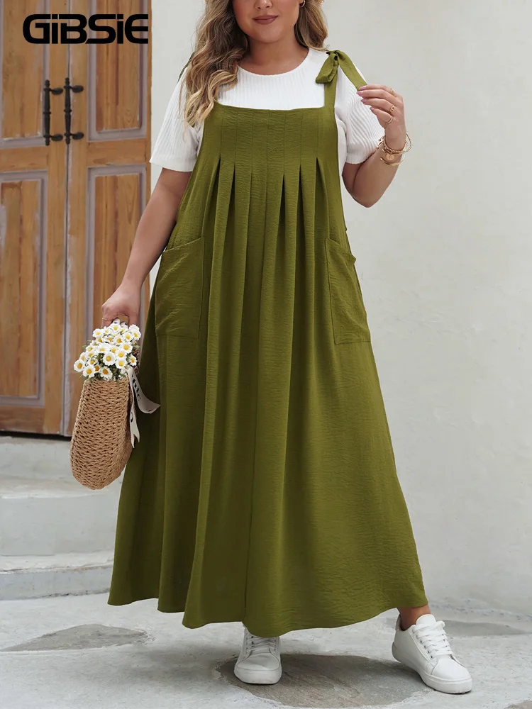 GIBSIE Plus Size Solid Tie Shoulder Overalls Dress For Women 2026 Summer Casual Loose Sleeveless Maxi Long Dresses with Pockets