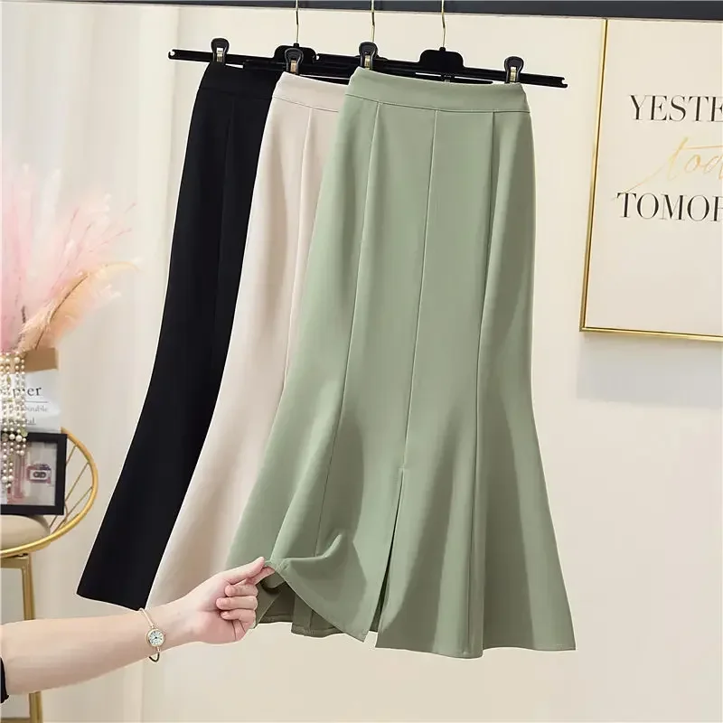 

Fishtail Solid Skirt for Women Spring Autumn New High Waist Slim Mid-Length Slit Sheath Black Long Skirt Women Suit Fabrics P526