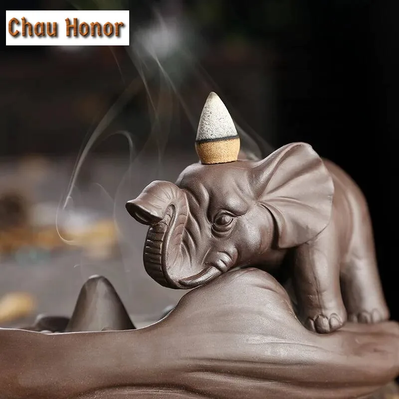 Elephant Art Backflow Incense Burners Emblem Auspicious and Success Ceramic Smoke Fountain Waterfall Reflux Room Zen Decor