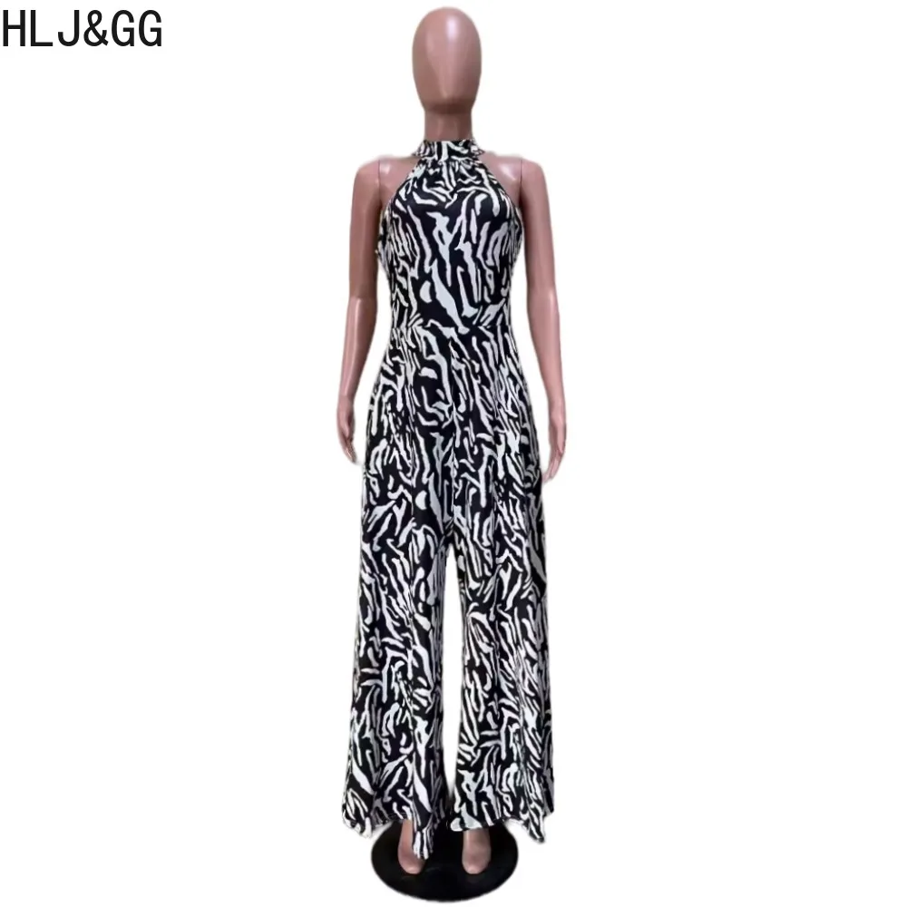 HLJ&GG Black Fashion Print Wide Leg Pants Jumpsuits Women Round Neck Sleeveless Loose One Piece Playsuits Elegant Lady Overalls
