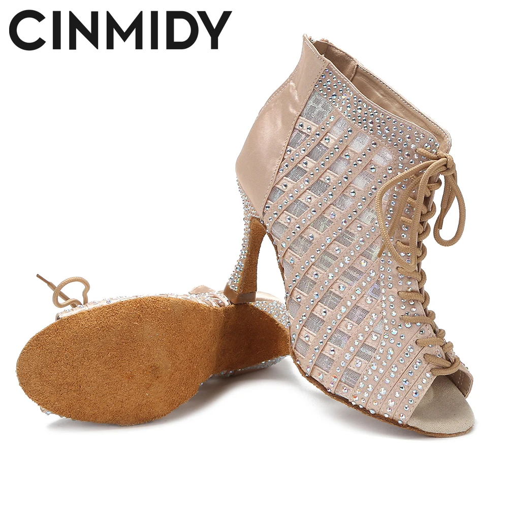 CINMIDY White Latin Dance Boots Samba Salsa Ballroom Dance Shoe Woman Soft Sole Latin Dance Shoe Ladies Mesh High Heel Boots 9CM 4