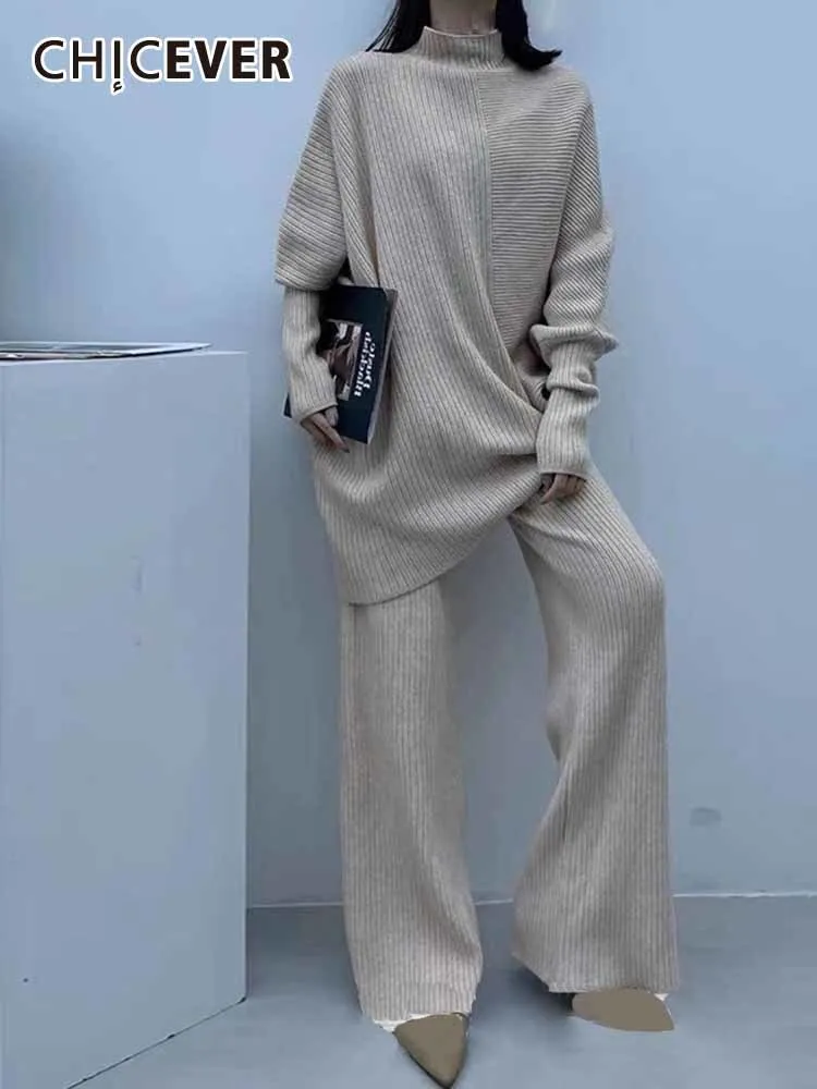 

CHICEVER Solid Knitted Women's Sets Turtleneck Long Sleeve Pullover Top High Waist Loose Wide Leg Pant Autumn Casual Set Female