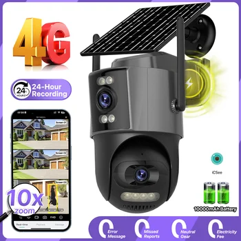 4G SIM Solar Camera 24/7 Recording 10X Zoom Outdoor Three Screen Camera Built-in Battery Security Auto Tracking Security Camera 1