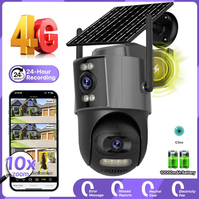 4G SIM Solar Camera 24/7 Recording 10X Zoom Outdoor Three Screen Camera Built-in Battery Security Auto Tracking Security Camera 1